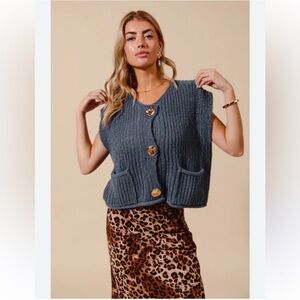So Me Blue Knit Vest with Big Gold Buttons